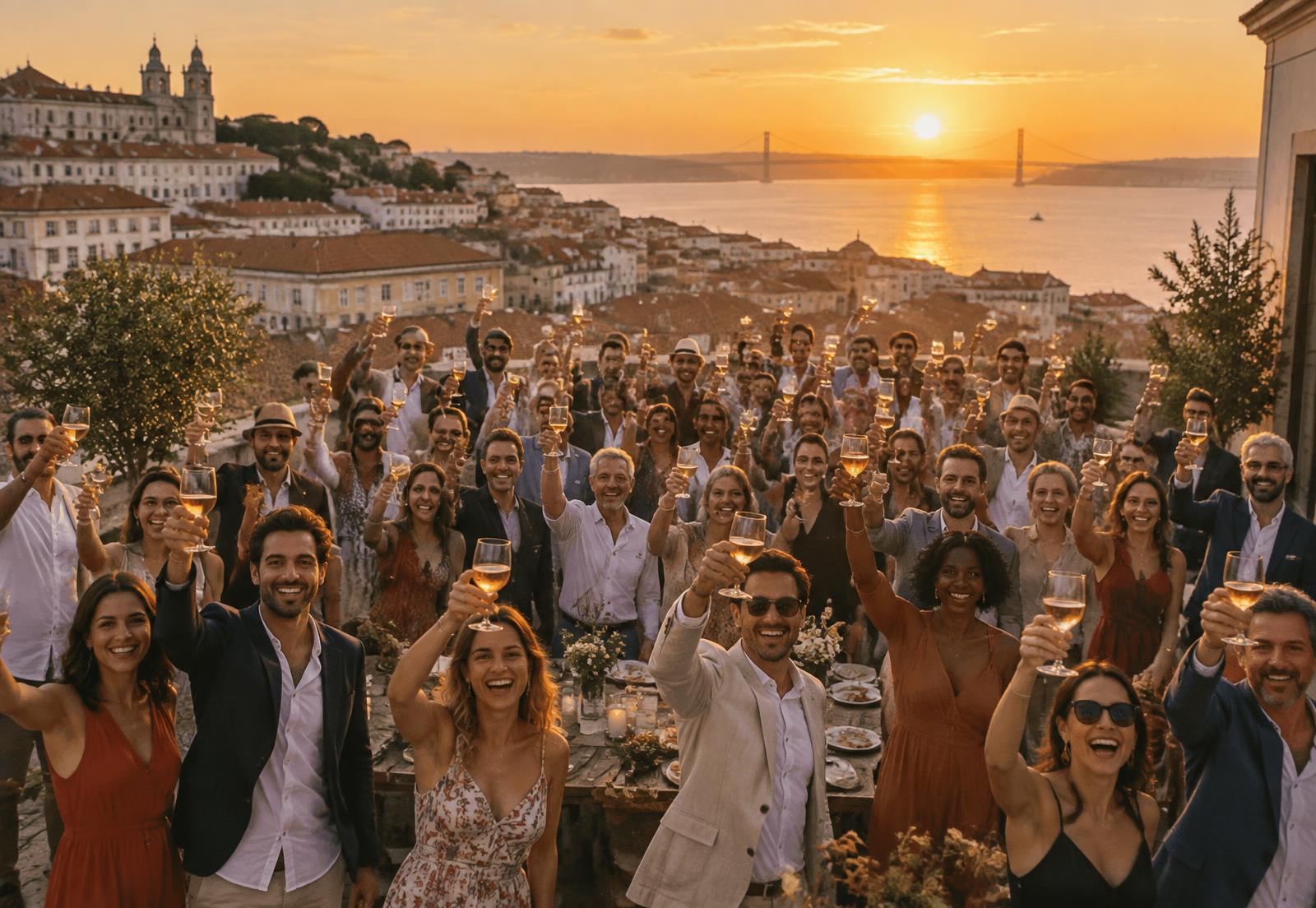 Around sixty guests raising their glasses together on a Lisbon terrace at sunset
