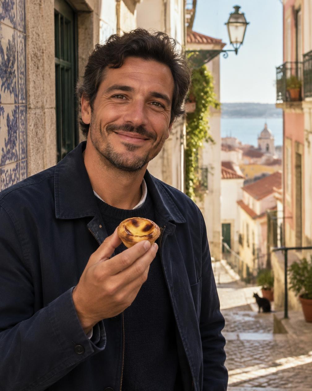 Portrait of a Portuguese food guide holding a pastel de nata in a sunlit Alfama alley