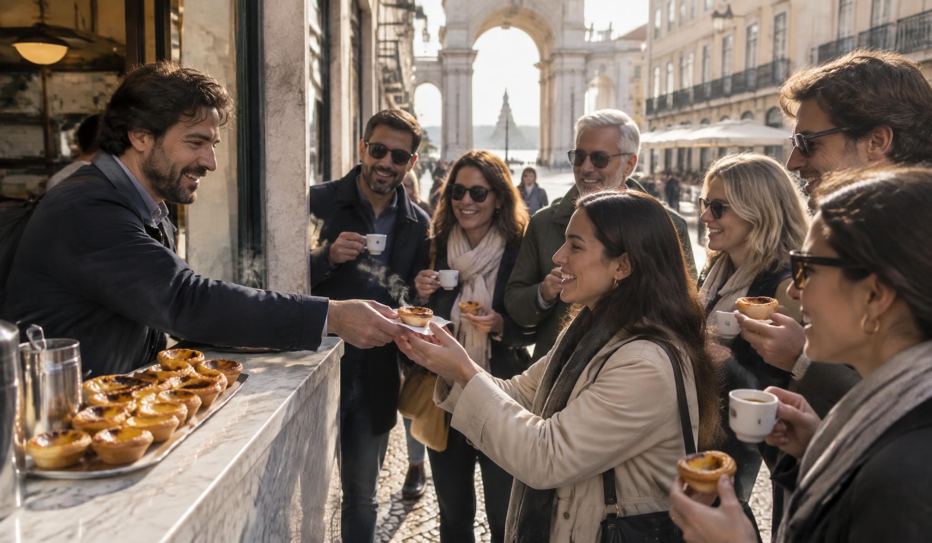 A small group tasting warm pastéis de nata at a marble counter on a Lisbon street in the morning