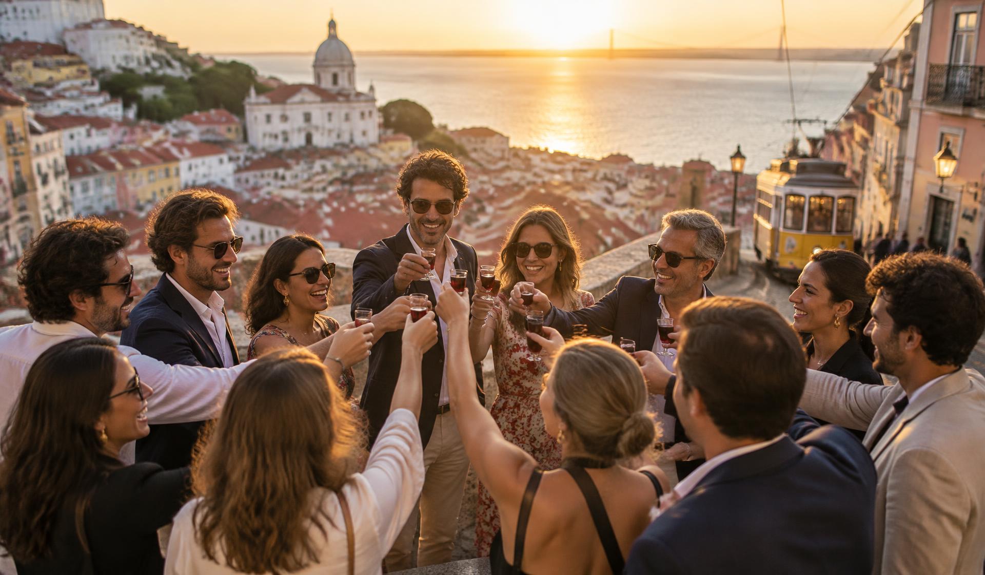 A group raising glasses of ginjinha at an Alfama viewpoint over the rooftops at sunset