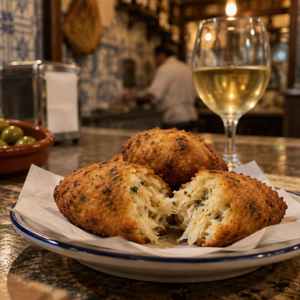 Golden Portuguese codfish fritters on a plate at a tasca counter