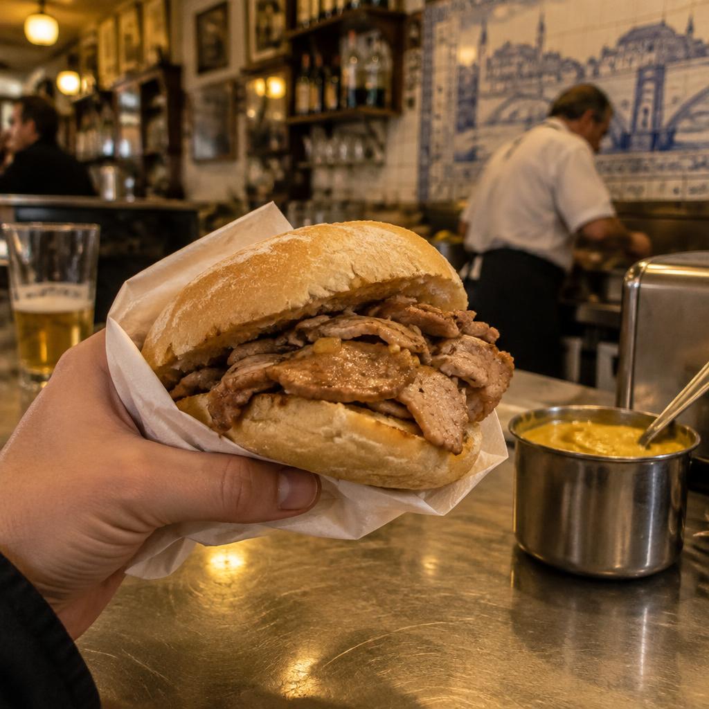 A bifana pork sandwich held over a steel bar counter in Lisbon