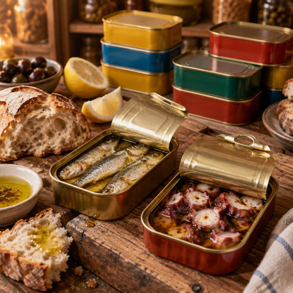 Open tins of sardines and octopus with bread and lemon on a wooden board