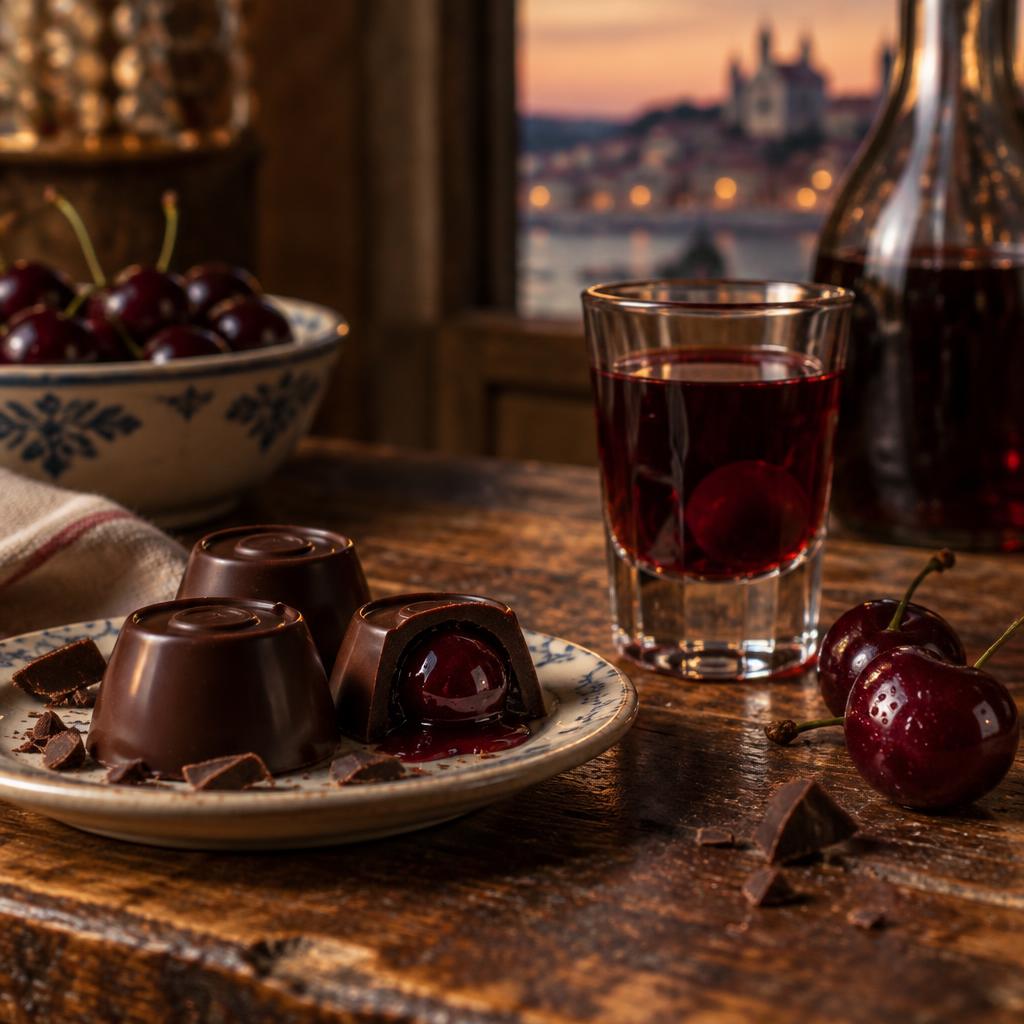 A glass of ginjinha sour-cherry liqueur with chocolate cups on a wooden counter