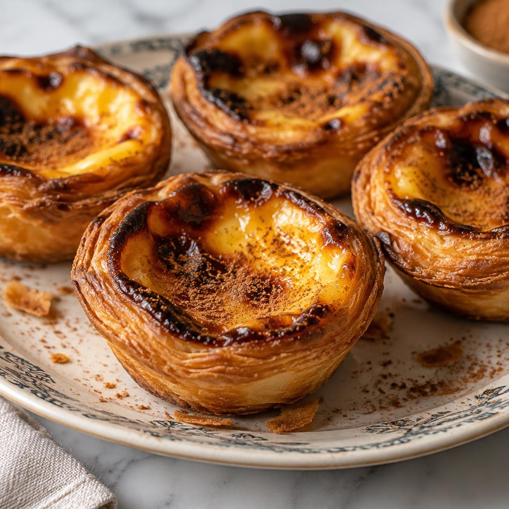 Freshly baked pastéis de nata with caramelised tops on a vintage plate