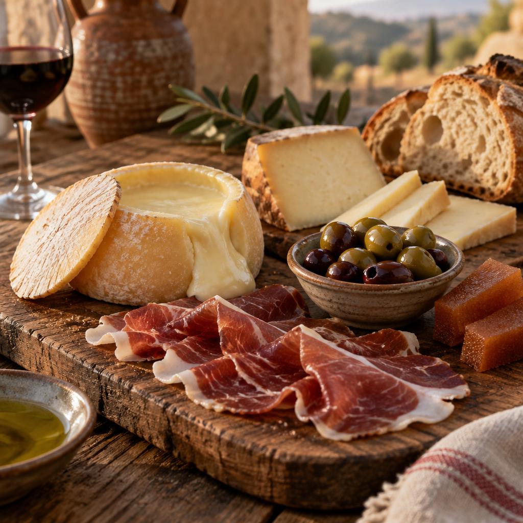 A board of Portuguese cheeses with cured presunto, olives and quince paste