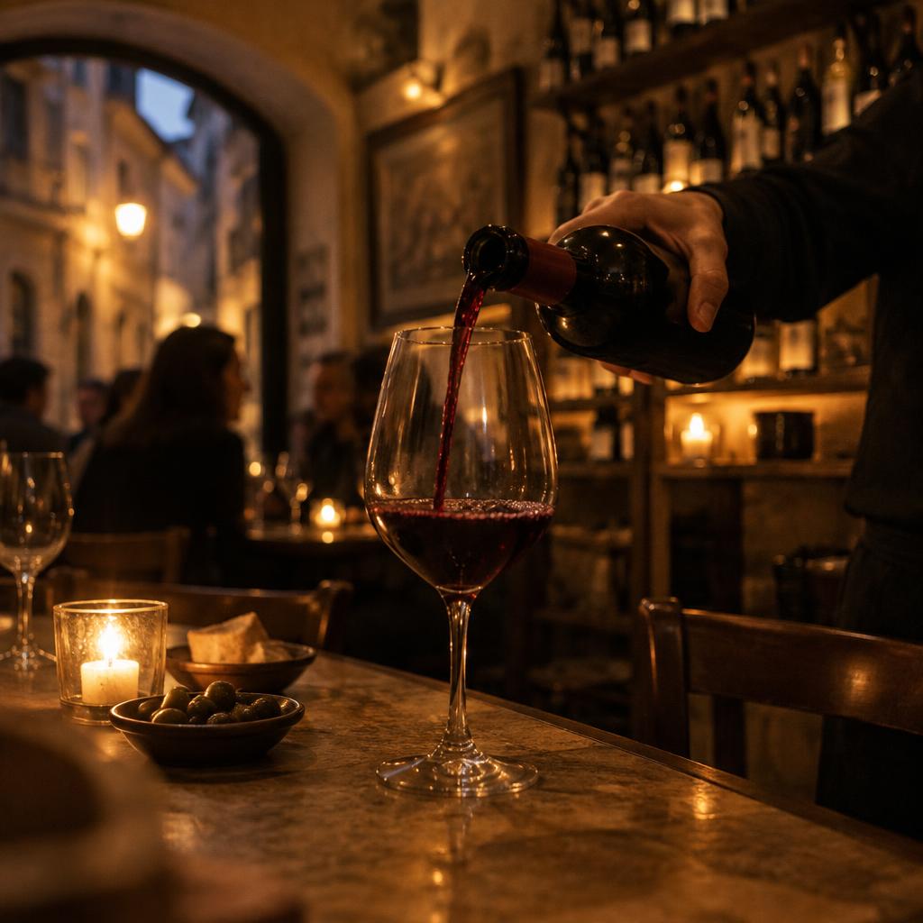 Red wine poured into a glass in a candle-lit Lisbon wine bar