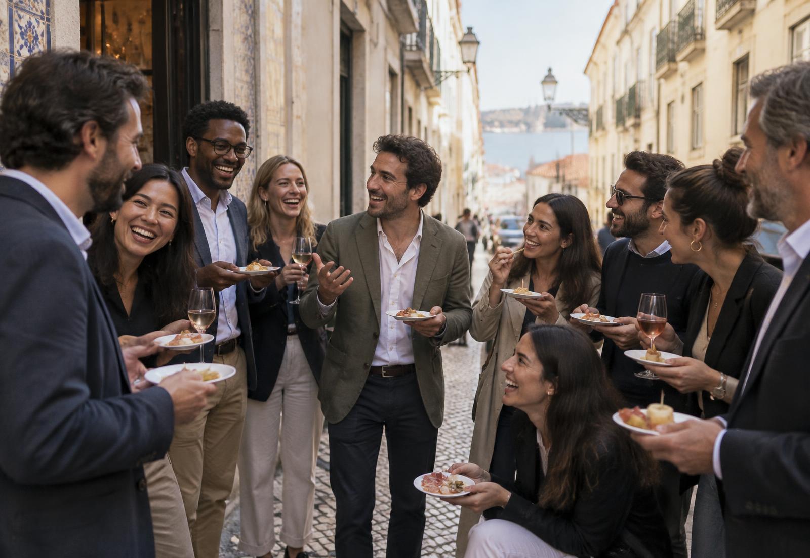 A corporate team laughing together with tasting plates in a narrow Chiado street